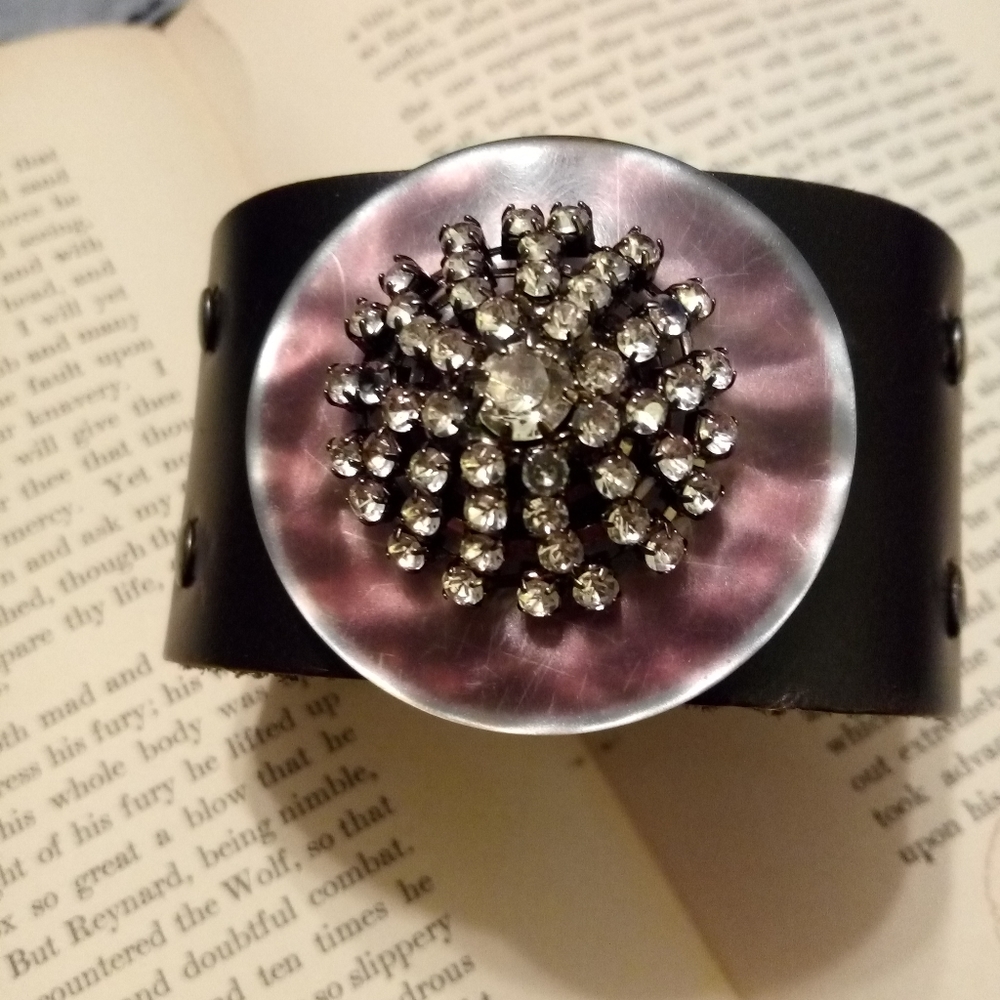 Boho leather and rhinestone statement bracelet